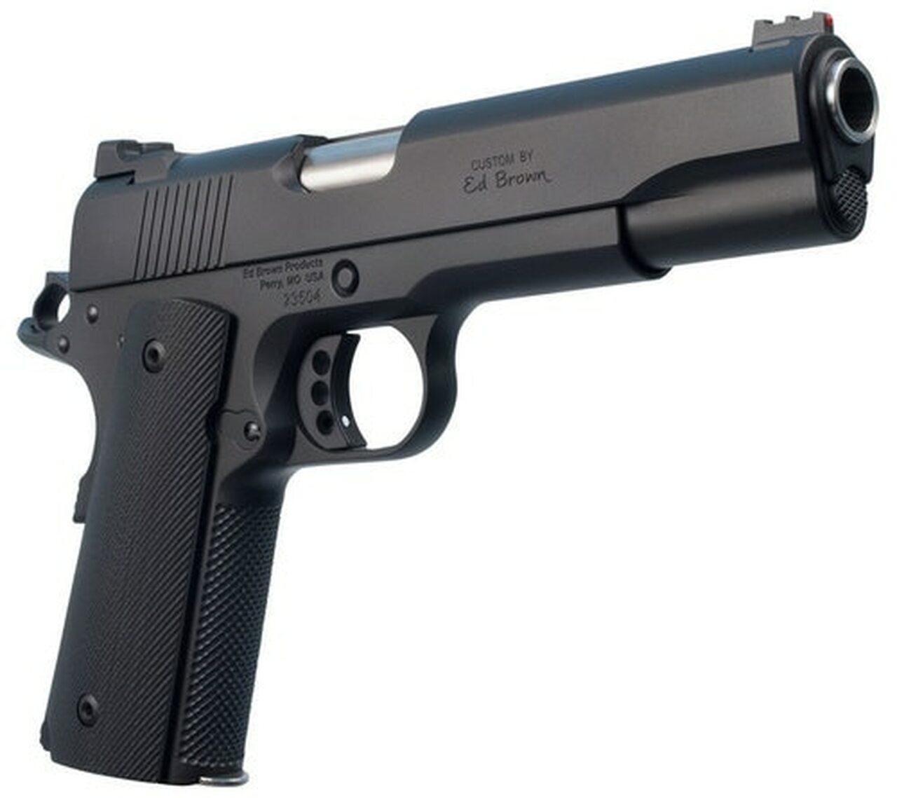 Ed Brown Special Forces1911, Full Size, 45ACP, 5″ Barrel, G10 Grips, Black, Thumb Safety, .156 U-Notch Rear Sight, Orange HD XR Front Sight, Recessed Slide Stop, Flattened and Serrated Top of Slide, 7Rd, 2 Magazines