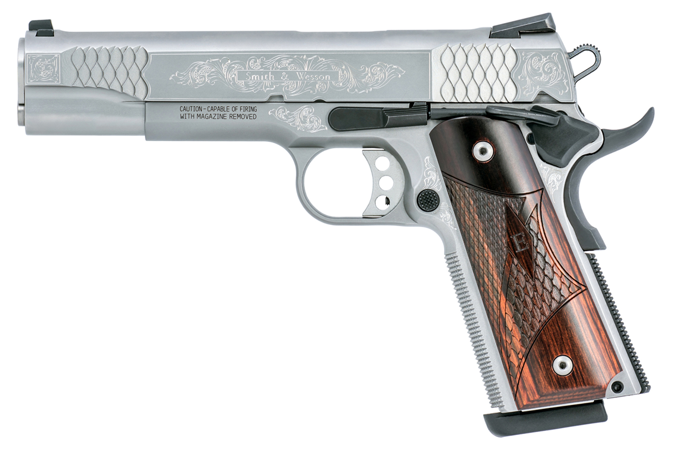 Engraved 1911 45 ACP Pistol with E-Series Wood Laminate Grips
