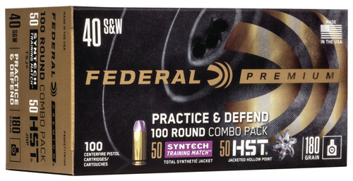 Federal Premium Practice & Defend 40 Smith & Wesson, 180gr, Syntech TSJ, HST JHP, 100rd Box