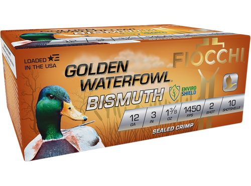 Fiocchi Golden Waterfowl Bismuth 12 Ga, 3″, 1 3/8 oz, 2 Shot, 10rd Box