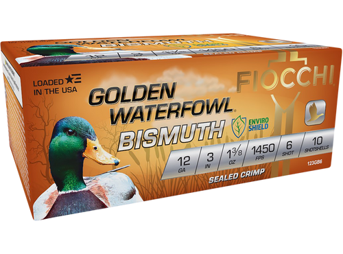 Fiocchi Golden Waterfowl Bismuth 12 Ga, 3″, 1 3/8 oz, 6 Shot, 10rd Box
