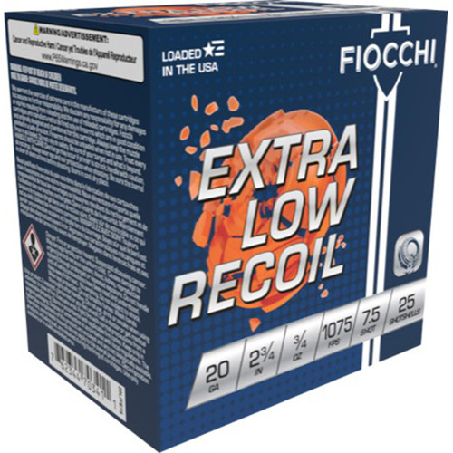 Fiocchi Low Recoil 20 Ga, 2.75″ 3/4 oz, 7.5 Shot, 250rd Case