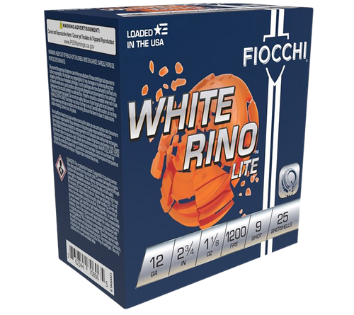 Fiocchi Target White Rino Lite 12 Ga, 2.75″, 1 1/8 oz, 9 Shot, 25Bx/10Cs