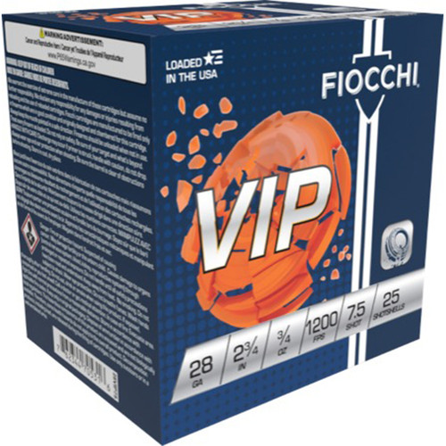 Fiocchi VIP 28 Gauge 2.75″, 3/4 oz, 7.5 Shot, 250rd Case