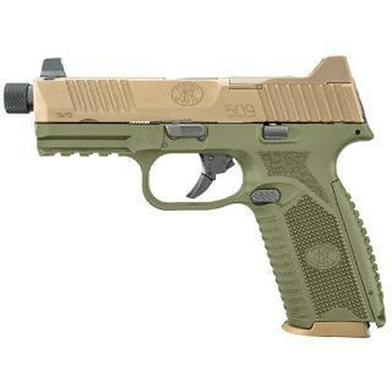 FN 509 Tactical 9mm, 4.5″ Threaded Barrel, OD Green Frame, Flat Dark Earth Slide, 17 & 24rd