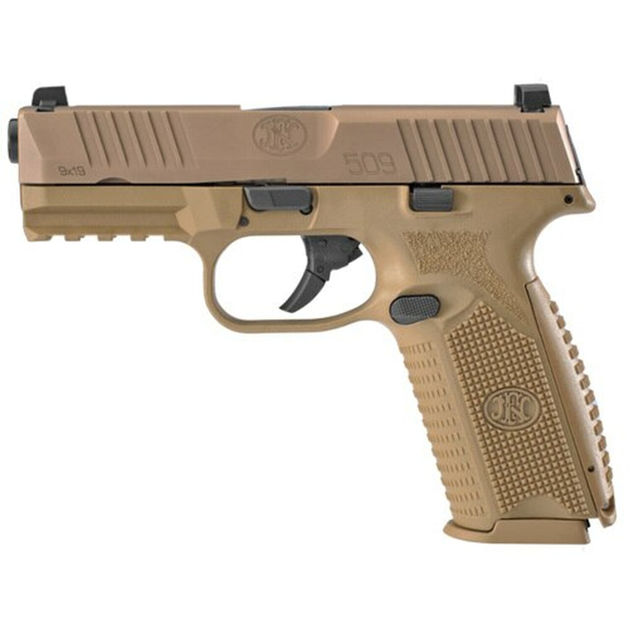 FN , FN 509 Striker Fired, Full Size 9mm, 4″ Barrel, Polymer Frame, Flat Dark Earth, 3 Dot Sights, Non-Manual Safety, 2x17rd Mags