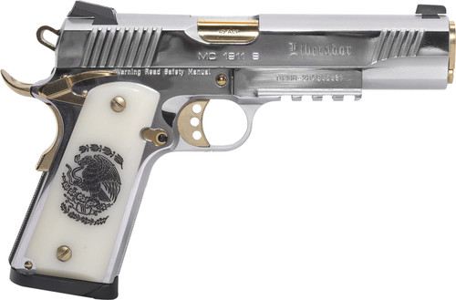 Girsan MC1911 Liberador 45 ACP, 5″ Barrel, Silver w/ Gold Accents, Engraved White Ivory Grips, 8rd