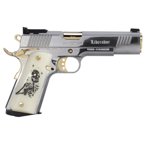 Girsan MC1911 Liberador III 9mm, 5″ Barrel, Silver w/ Gold Trim, Engraved Pearl Grip, 10rd