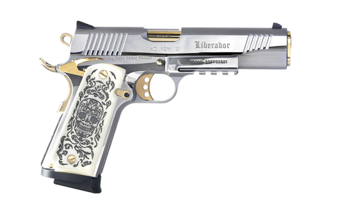 Girsan MC1911S Liberador II 9mm, 5″ Barrel, Silver, Gold Accents, Engraved White Ivory Grips, 10rd