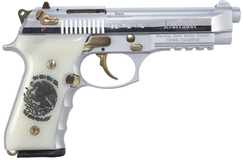 Girsan Regard Liberador 9mm, 4.9″ Barrel, White Engraved Ivory Grips, Gold Accents, 18rd
