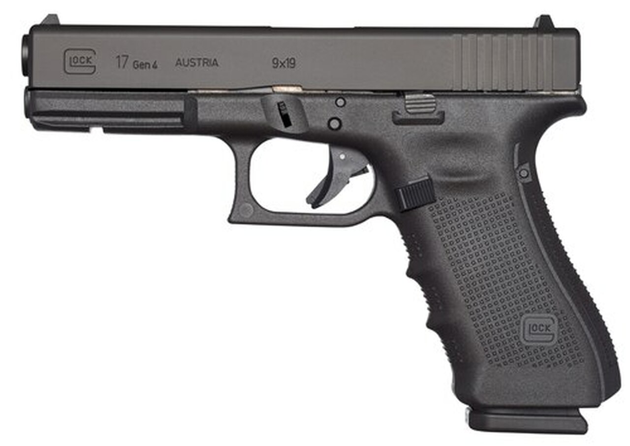 Glock, 17 Gen4, Striker Fired, Full Size, 9mm, 4.49″ Barrel, Polymer Frame, Matte Finish, Fixed Sights, 10Rd, 3 Magazines