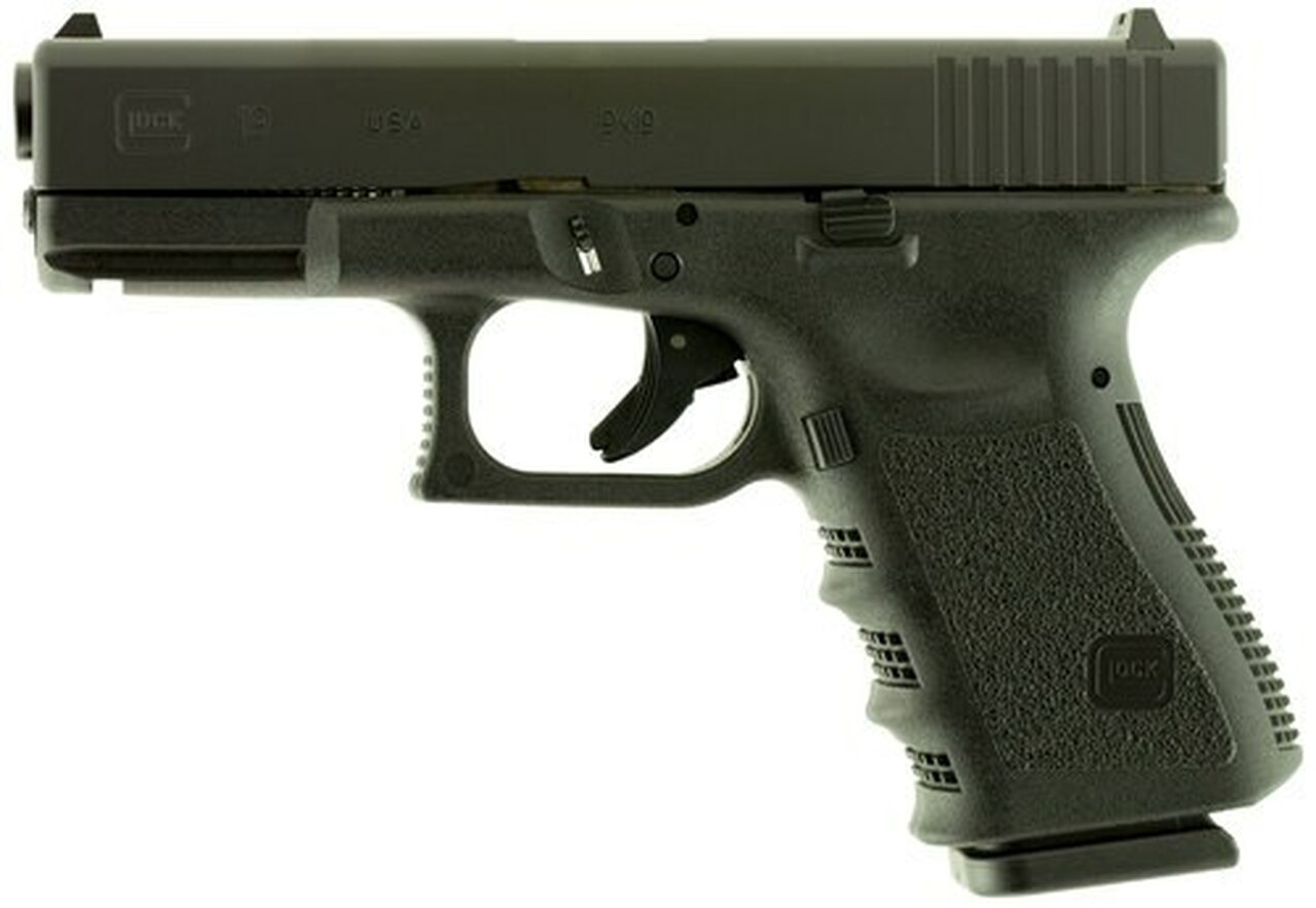 Glock, 19, Double Action Only, Compact, 9mm, 4.02″ Barrel, Polymer Fame, Matte Finish, Fixed Sights, 10Rd, 2 Magazines