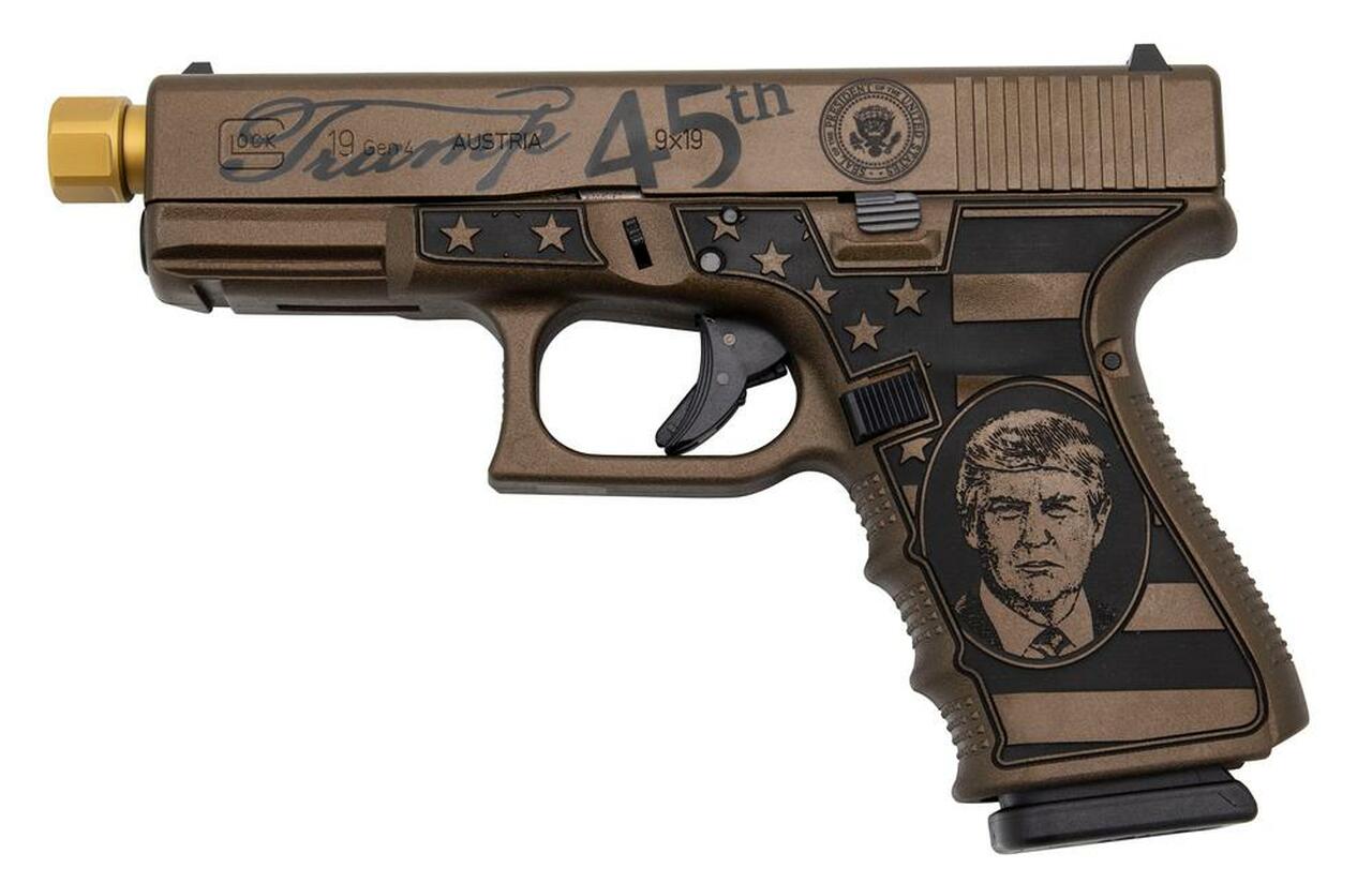 Glock 19 Gen 4 9mm, TRUMP Custom, 4″ Threaded Barrel, Burnt Bronze W/ Engraving, 15rd