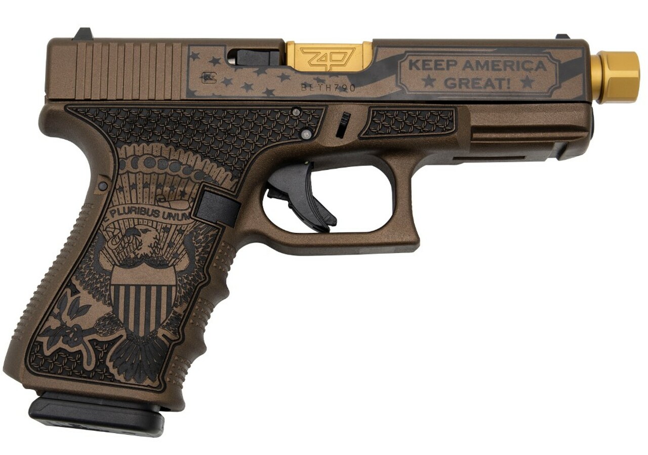 Glock 19 Gen 4 9mm, TRUMP Custom, 4″ Threaded Barrel, Burnt Bronze W/ Engraving, 15rd