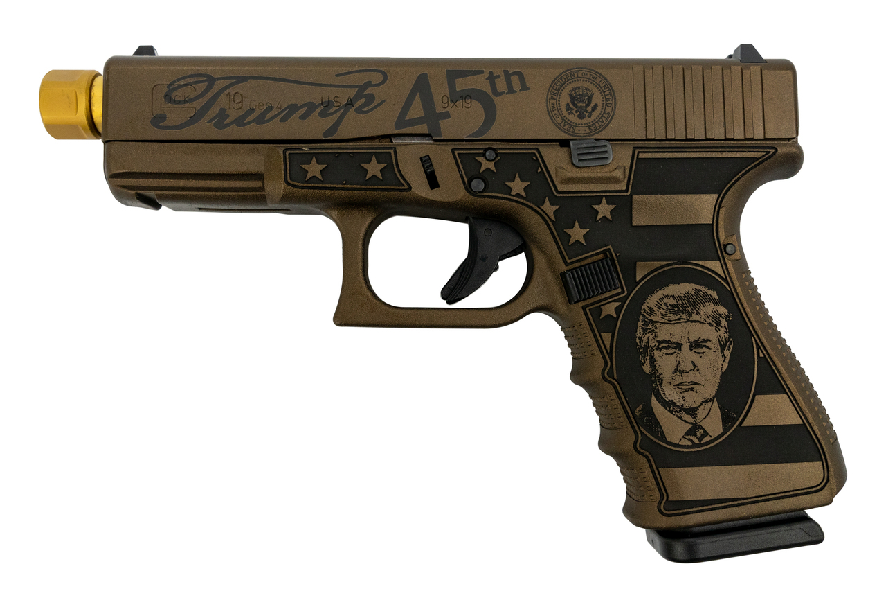 Glock 19 Gen4 Trump MAGA Limited Ed., 9mm, 4.6″ Zaffiri TiN TB, Burnt Bronze, 3x 15rd