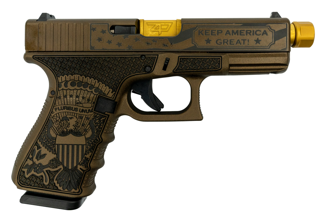 Glock 19 Gen4 Trump MAGA Limited Ed., 9mm, 4.6″ Zaffiri TiN TB, Burnt Bronze, 3x 15rd