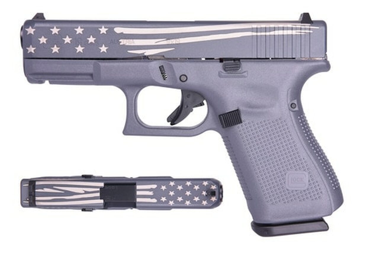 Glock 19 Gen5 9mm, 4″ Barrel, Gray/Laser Engraved Distressed Flag, 15rd