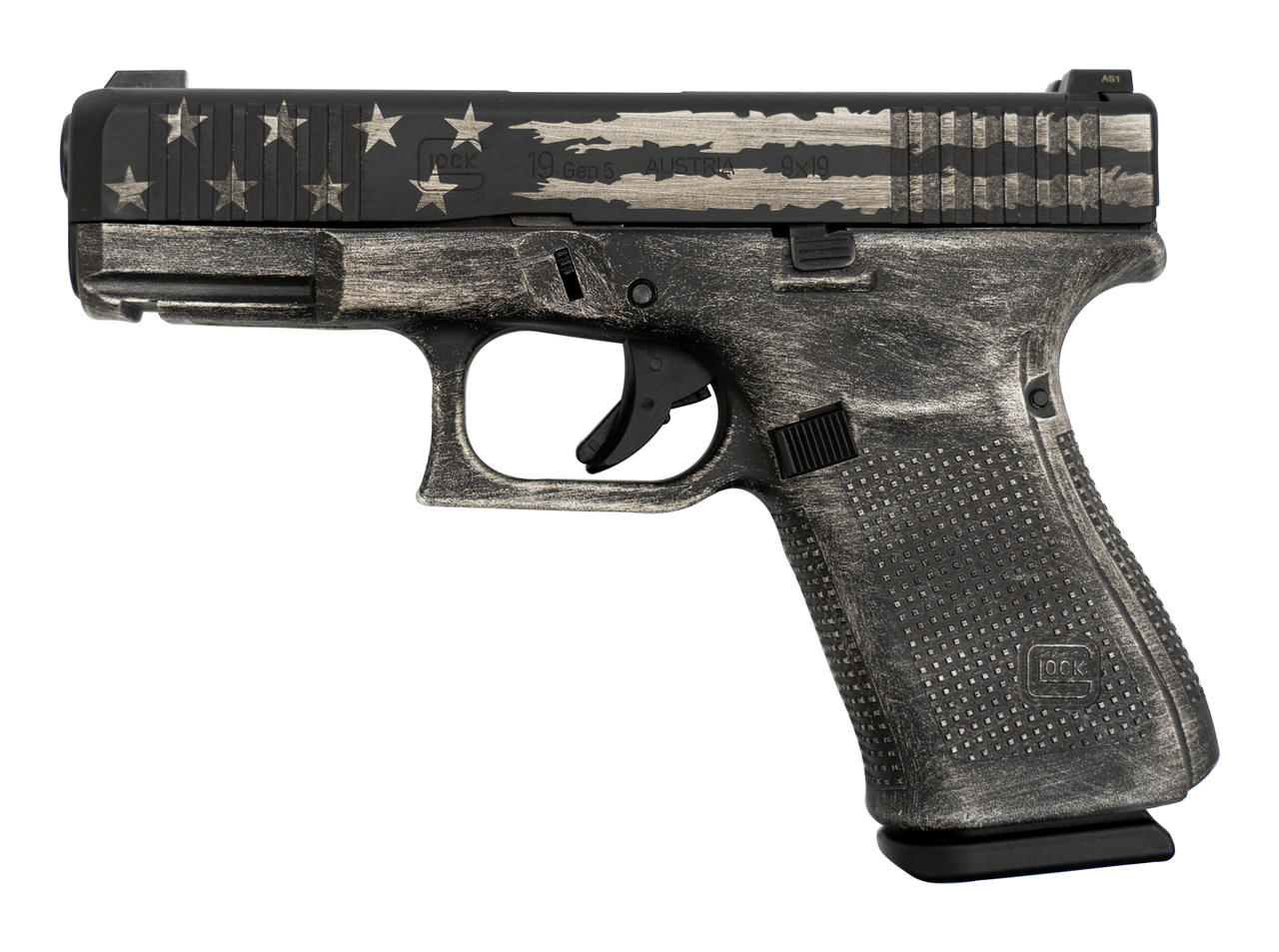 Glock 19 Gen5 AUS 9mm, 4″ Barrel, Glock Night Sights, Brushed Silver/Black Flag, 15rd