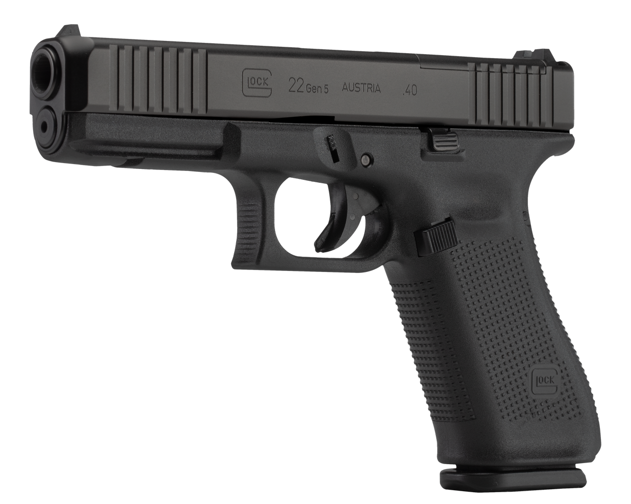 Glock 22 Gen5 M.O.S. Full Size 40S&W, 4.49″ Marksman Barrel, Matte, Ambi Slide Stop Lever, Flared Well, nDLC Slide and Barrel, No Grooves, 3x15rd Mags