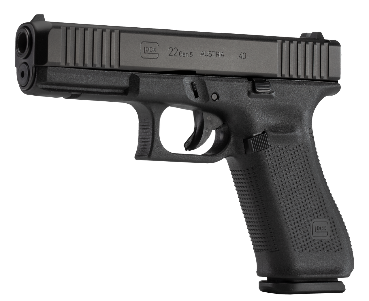 Glock 22 Gen5, Striker Fired, Full Size, 40S&W, 4.49″ Marksman Barrel, Polymer Frame, Matte Finish, Fixed Sights, 15Rd, 3 Magazines, Ambidextrous Slide Stop Lever, Flared Mag Well, nDLC Finished Slide and Barrel, No Finger Grooves
