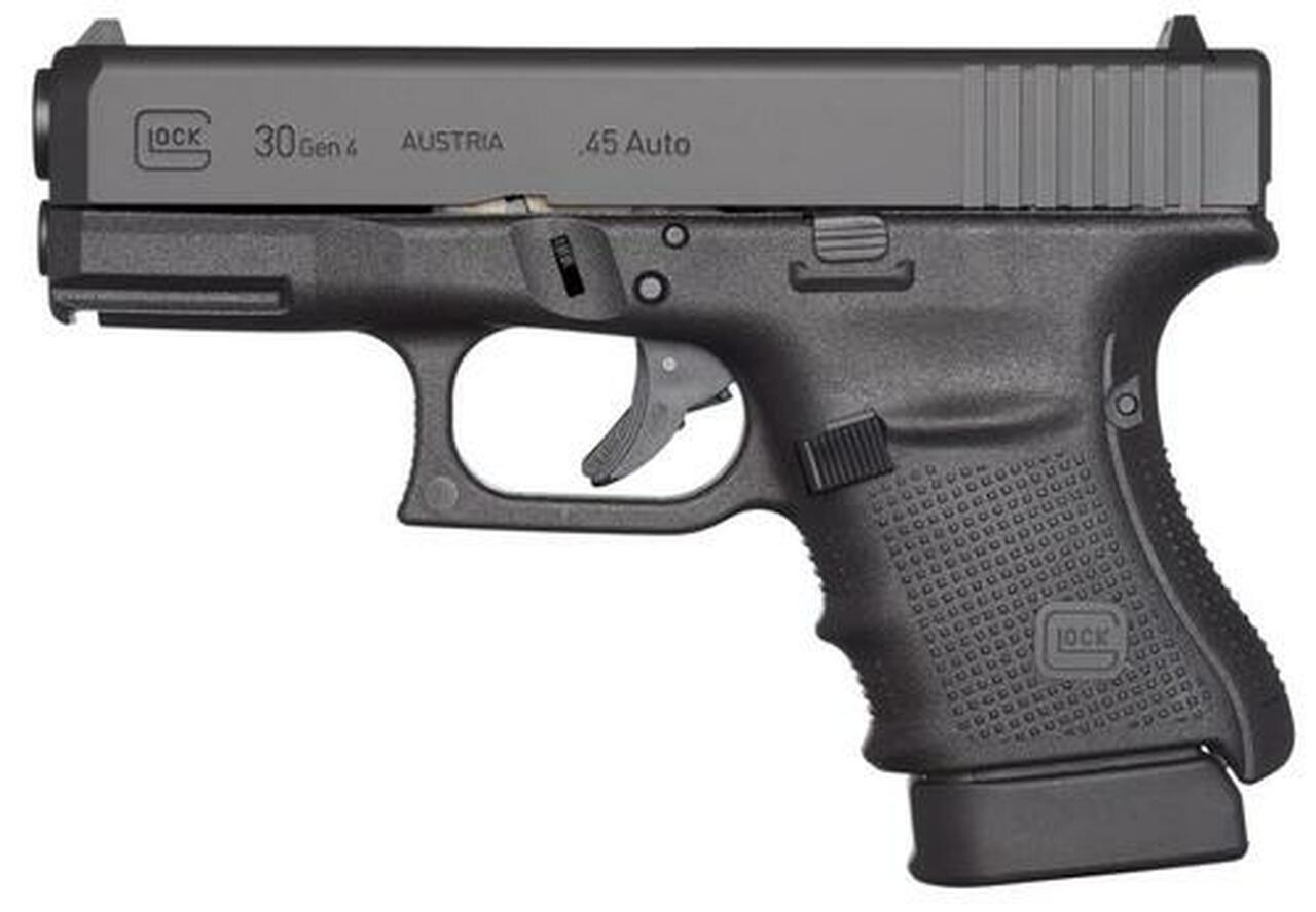 Glock, 30 Gen 4, Safe Action, Compact Pistol, 45 ACP, 3.77″ Barrel, Polymer Frame, Matte Finish, Fixed Sights, 10Rd, 3 Magazines, Glock OEM Rail