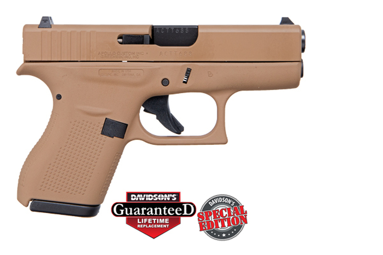 Glock 42 380acp, Apollo Custom, 3.26″ Barrel Davidson Dark Earth Full Coverage, 2x 6rd Mags