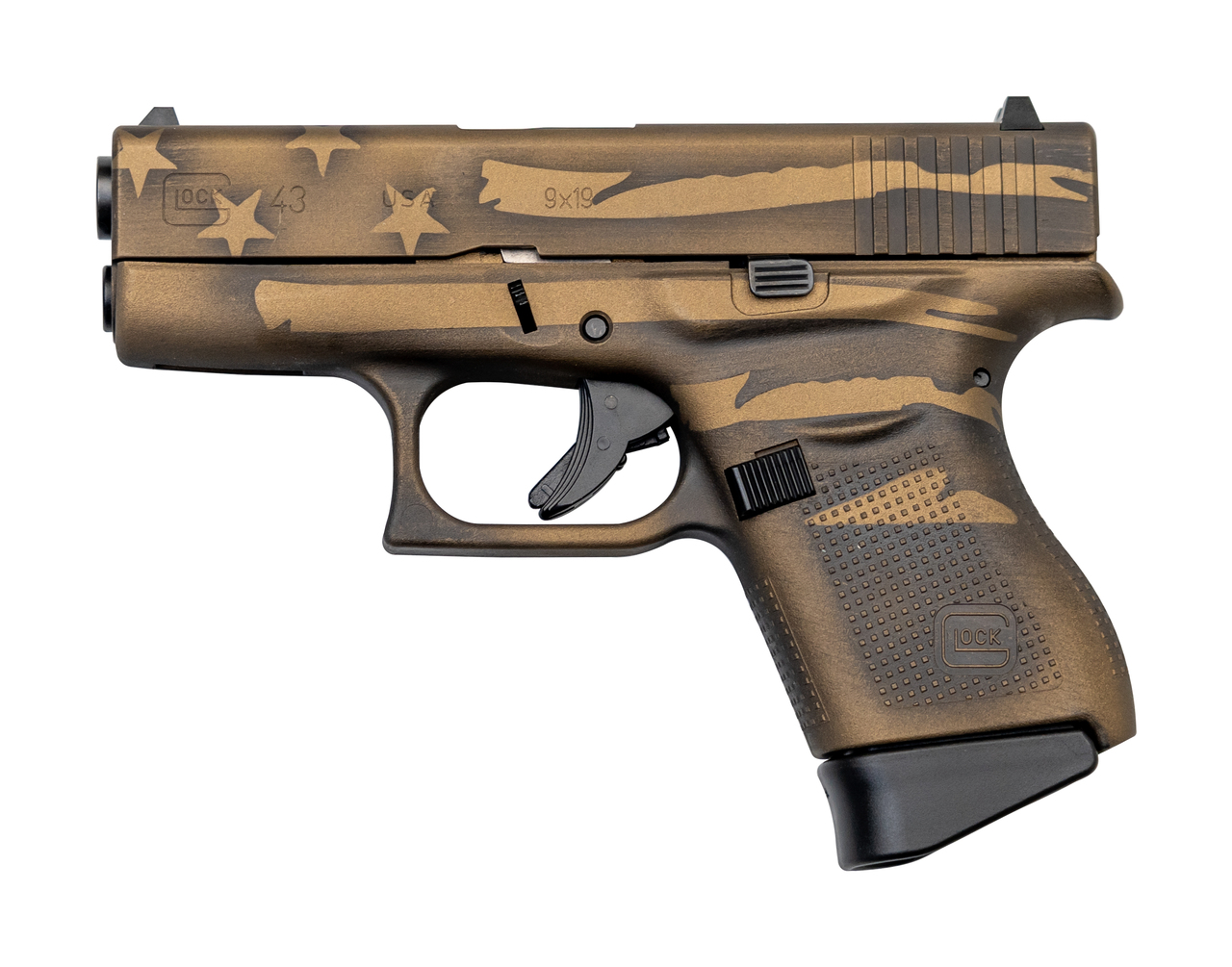 Glock 43 USA 9mm, 3.39″ Barrel, Fixed Sights, Battleworn Bronze Distressed Flag, 6rd