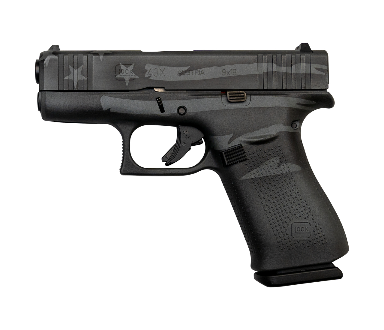 Glock 43X AUS 9mm, 3.41″ Barrel, Battleworn Flag, Fixed Sights, 10rd
