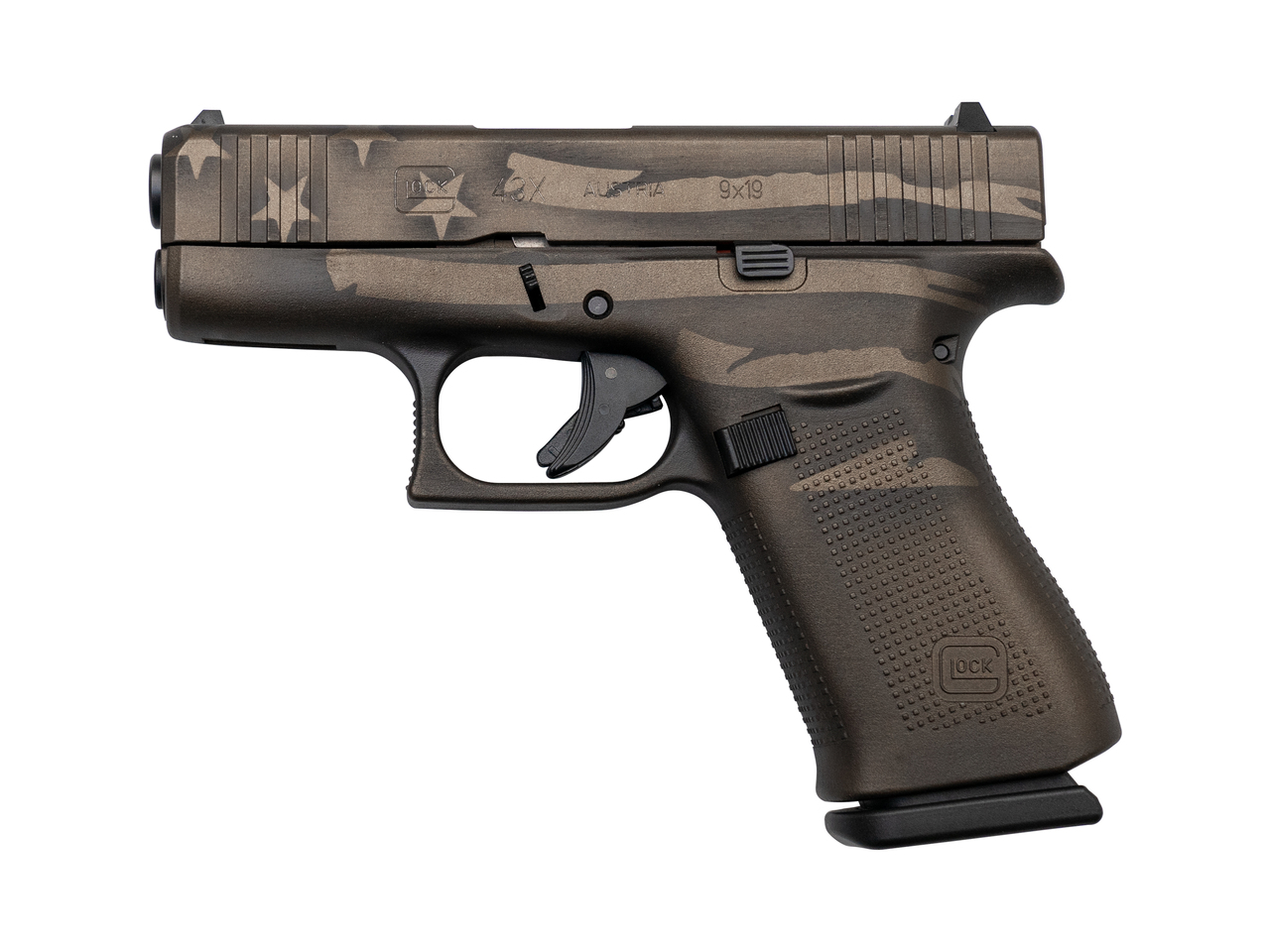 Glock 43X AUS 9mm, 3.41″ Barrel, Brown Battleworn Flag, Fixed Sights, 10rd