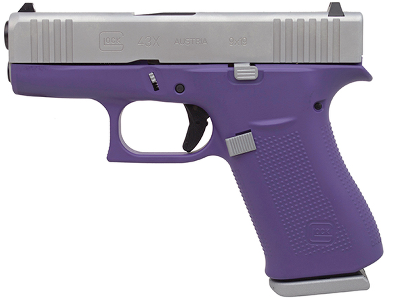 Glock 43X Subcompact 9mm, 3.41″ Barrel, Silver/Bright Purple, Fixed Sights, 2x10rd Mags