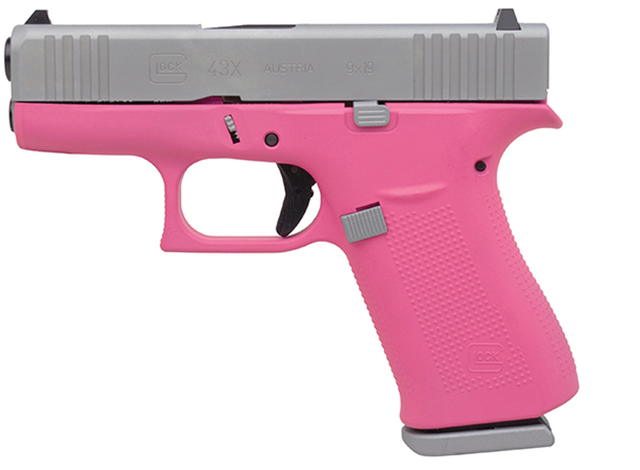 Glock 43X Subcompact 9mm, 3.41″ Barrel, Silver/Prison Pink, Fixed Sights, 2x10rd Mags