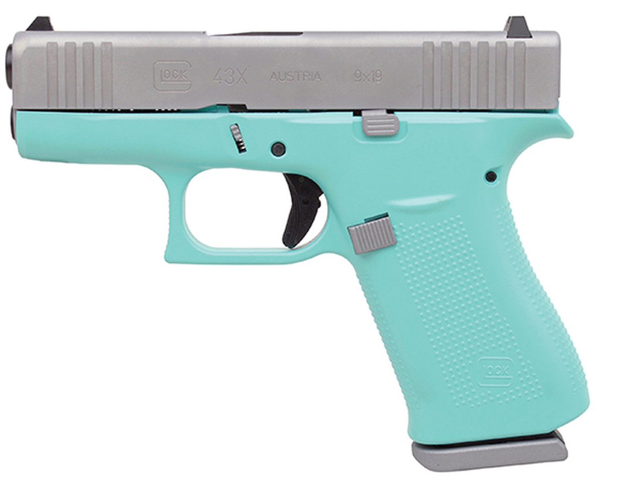 Glock 43X Subcompact 9mm, 3.41″ Barrel, Silver/Robin Egg Blue, Fixed Sights, 2x10rd Mags
