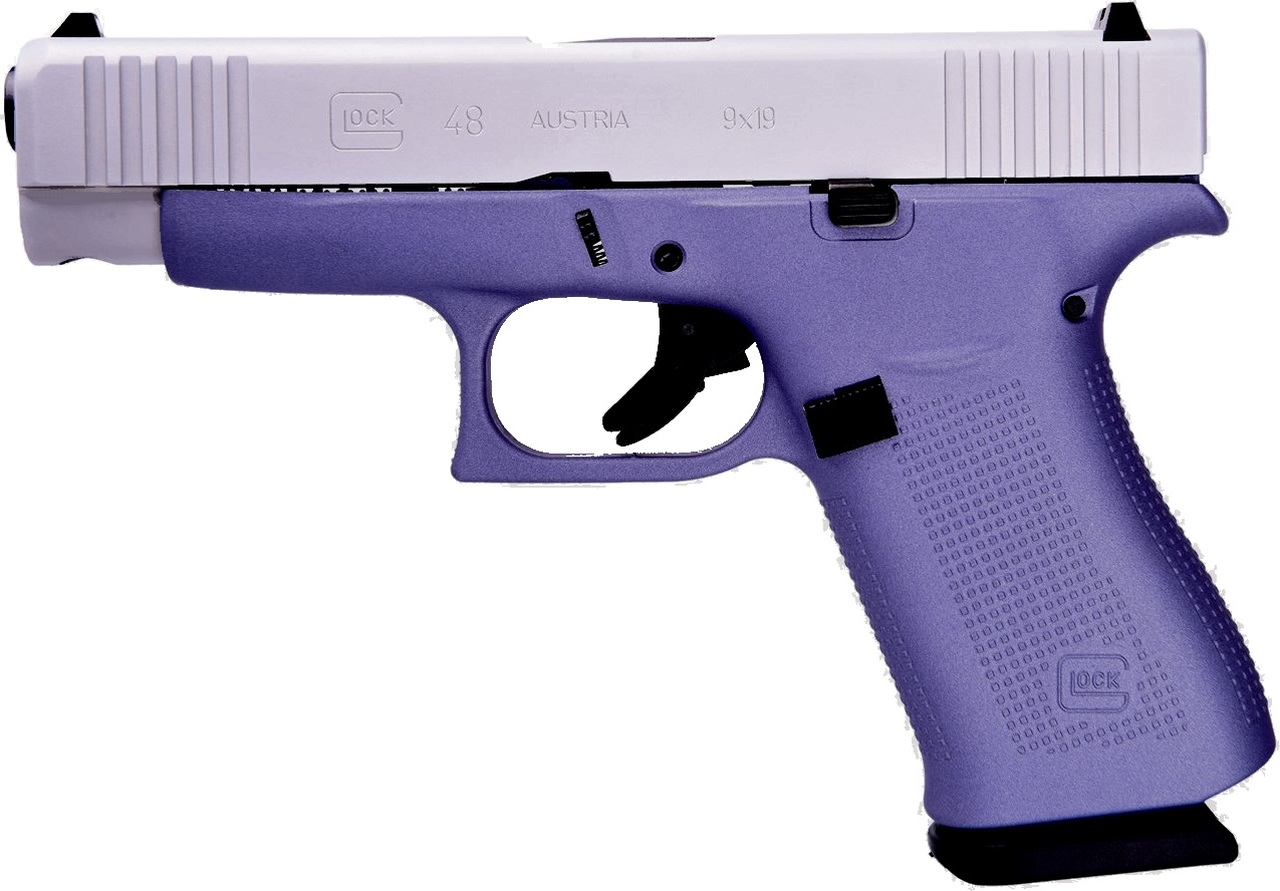 Glock 48 9mm, 4″ Barrel, Fixed Sights, Lavender, Silver nPVD Slide, 2x 10rd