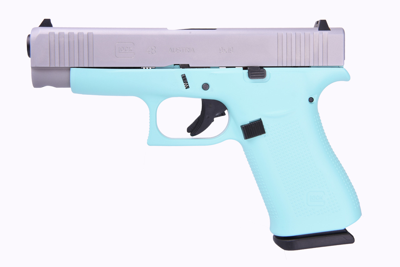 Glock 48 9mm, 4″ Barrel, Fixed Sights, Robin Egg Blue, Silver nPVD Slide, 2x 10rd