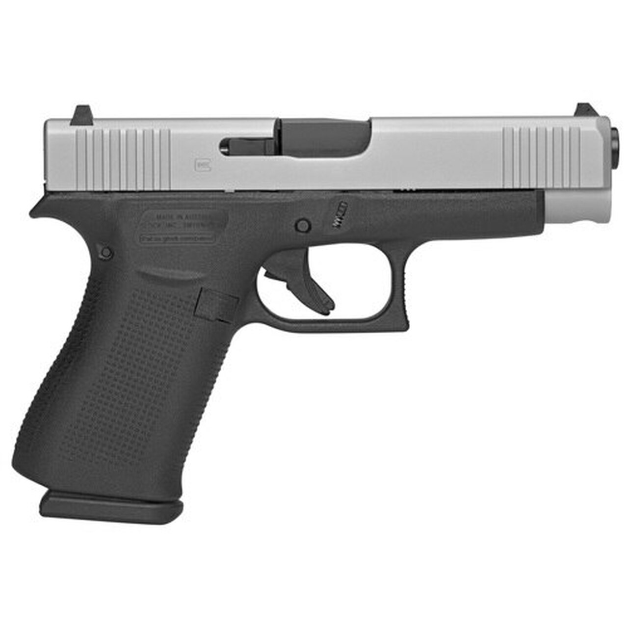 Glock, 48, Semi-automatic, Striker Fired, Compact, 9mm, 4.17″ Barrel, Polymer Frame, Silver Finish, 10Rd, 2 Mags, Fixed Sights