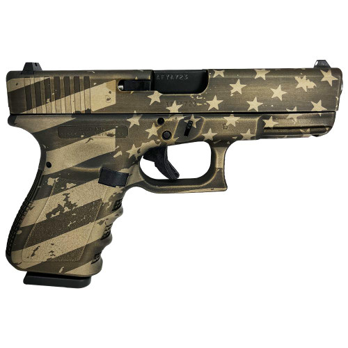 Glock G19 Gen 3 Custom 9mm, 4.02″ Barrel, “USA Flag in Distressed Burnt Bronze”, 15rd