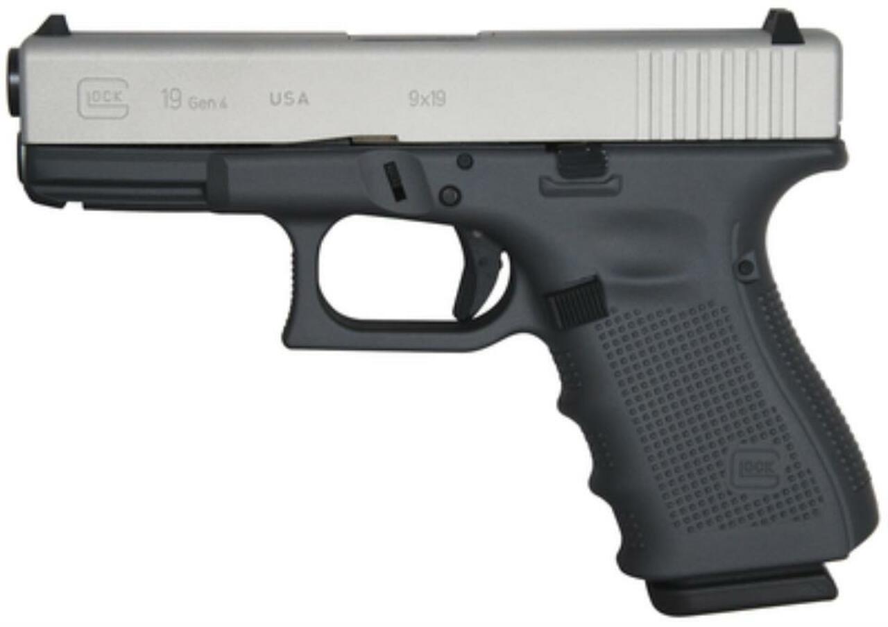 Glock G19 Gen4, 9mm, 4″, Battleship Gray/Stainless Gray Slide FS, 15rd, USA Made
