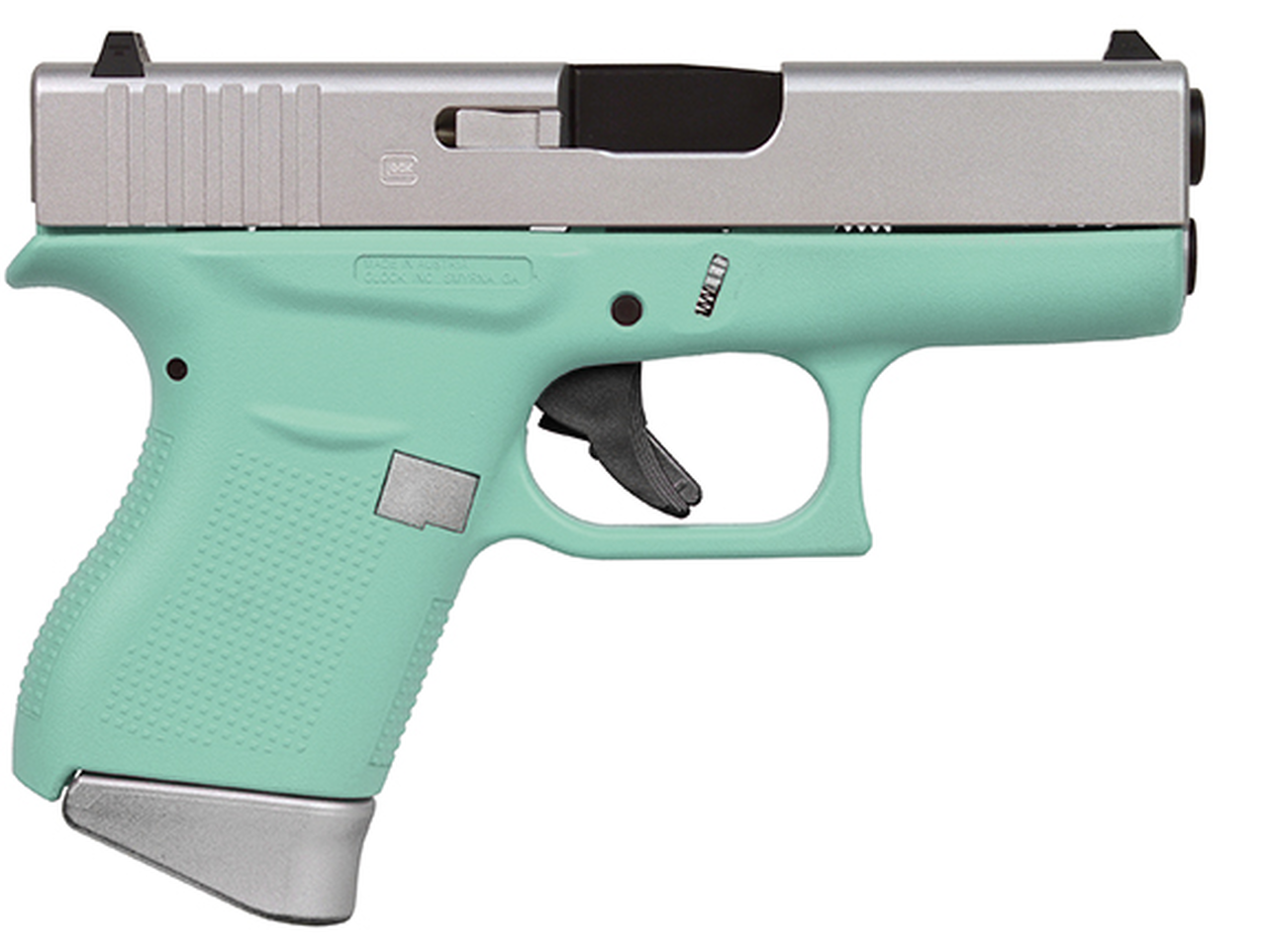 Glock G43 9mm, 3.39″ Barrel, Fixed Sights, Silver/Robin Egg, 6rd