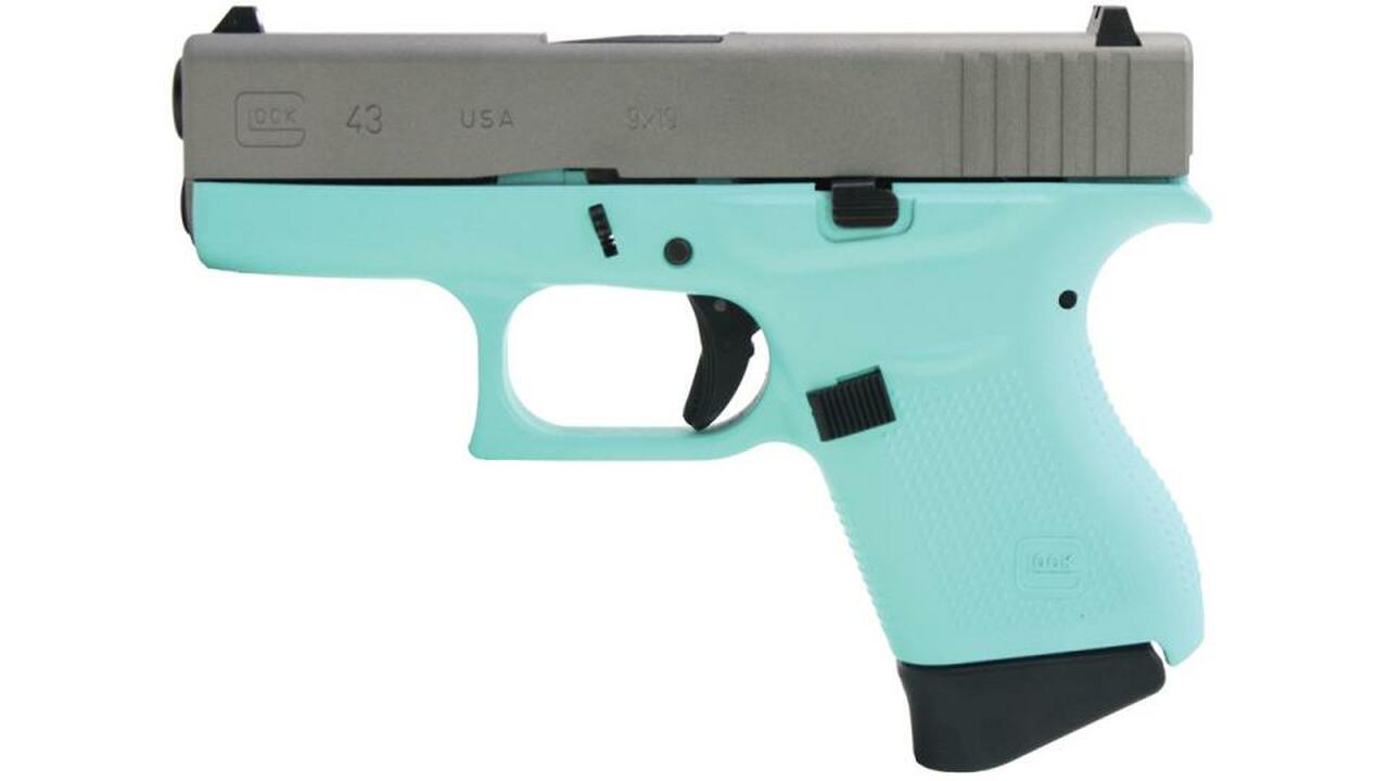 Glock G43 9mm 3.4″ Barrel Robin Egg Blue, Ti Finish Slide 6rd Mag