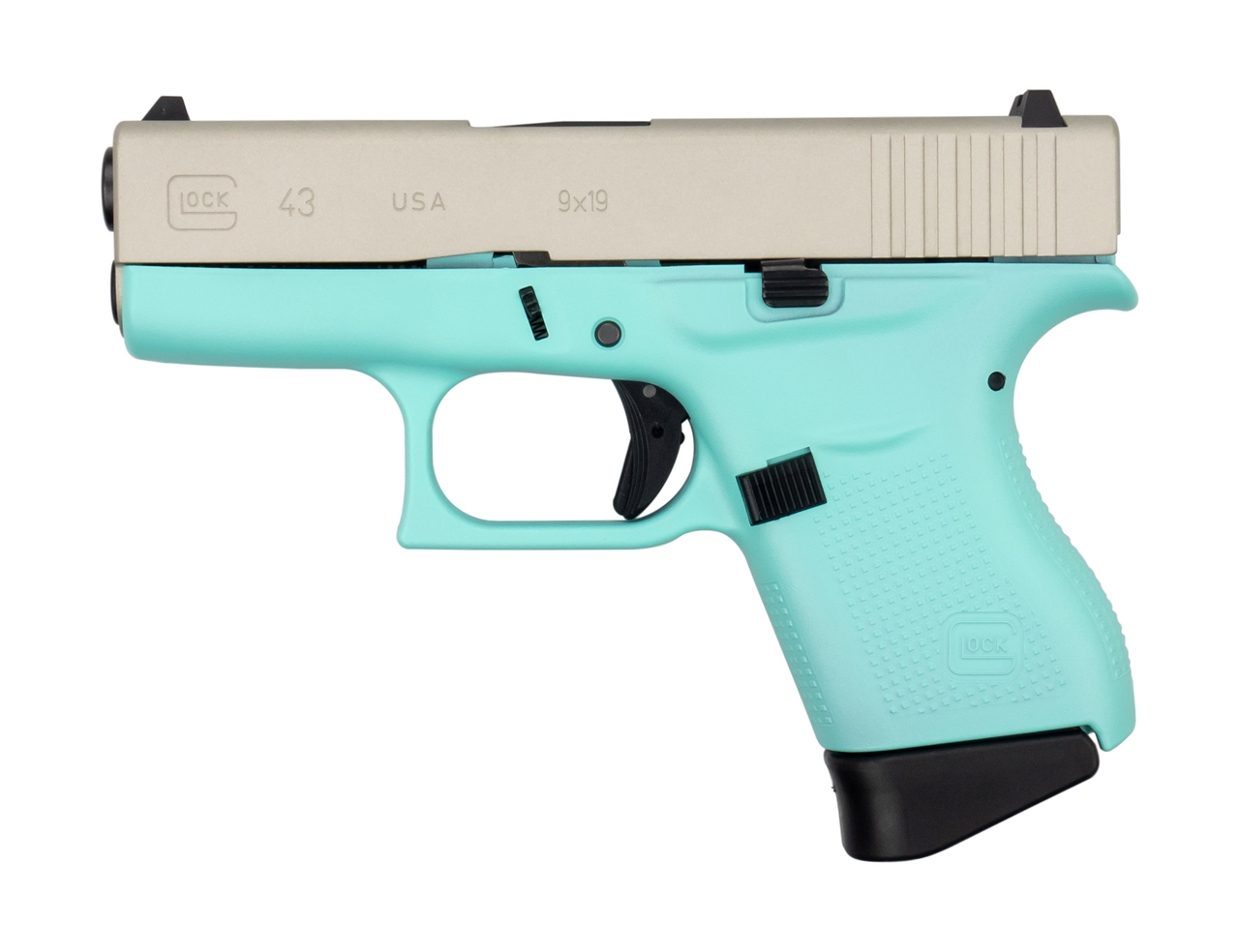 Glock G43 9mm, 3.41″ Barrel, 6rd, Aluminum Cerakoted Slide, Robins Egg Blue Frame