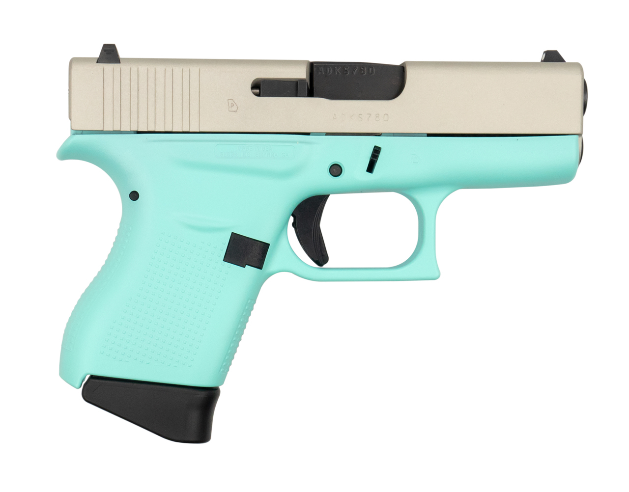 Glock G43 9mm, 3.41″ Barrel, 6rd, Aluminum Cerakoted Slide, Robins Egg Blue Frame