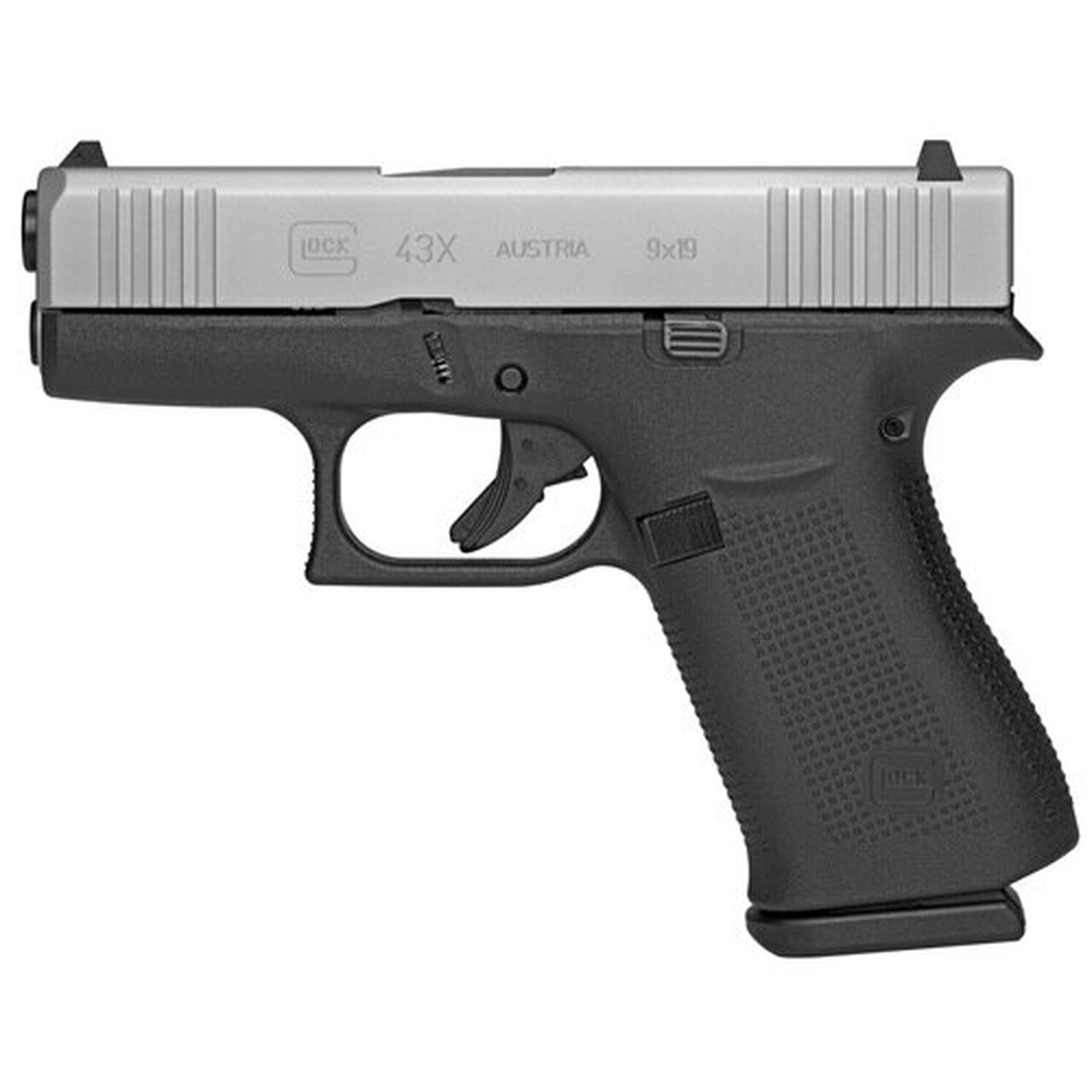 Glock G43X Silver Subcompact 9mm, 3.39″ Barrel, Polymer Frame, Glock Night Sights, 2x10rd Mags