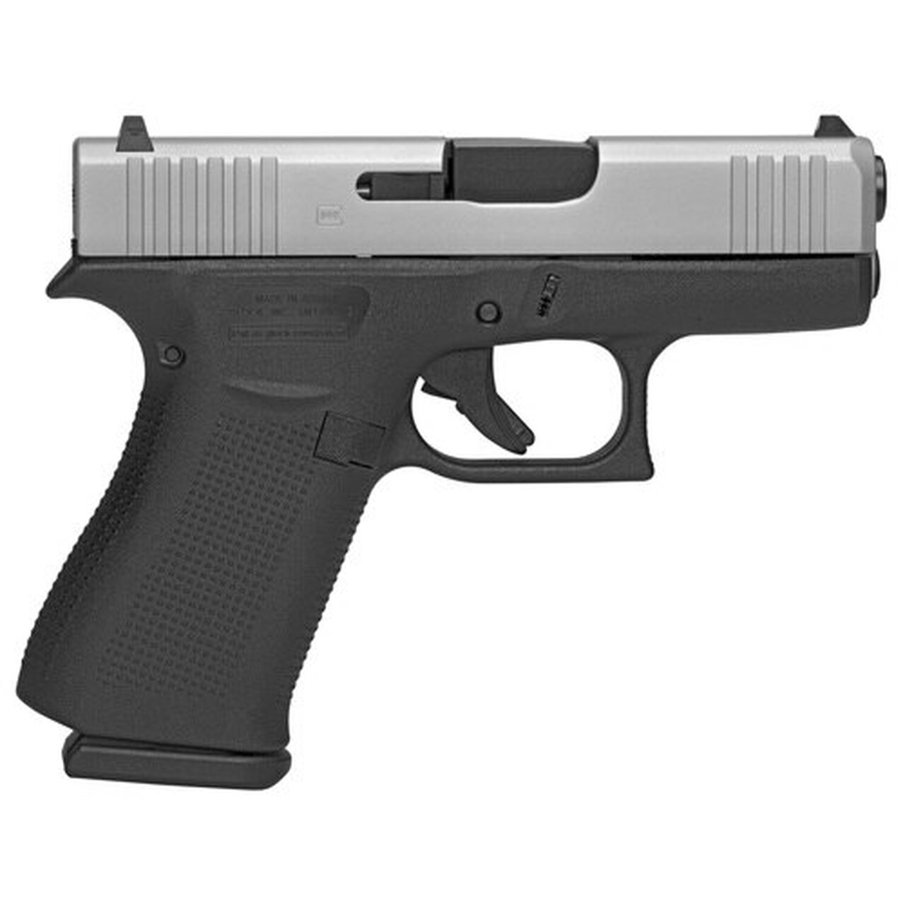 Glock G43X Silver Subcompact 9mm, 3.39″ Barrel, Polymer Frame, Glock Night Sights, 2x10rd Mags