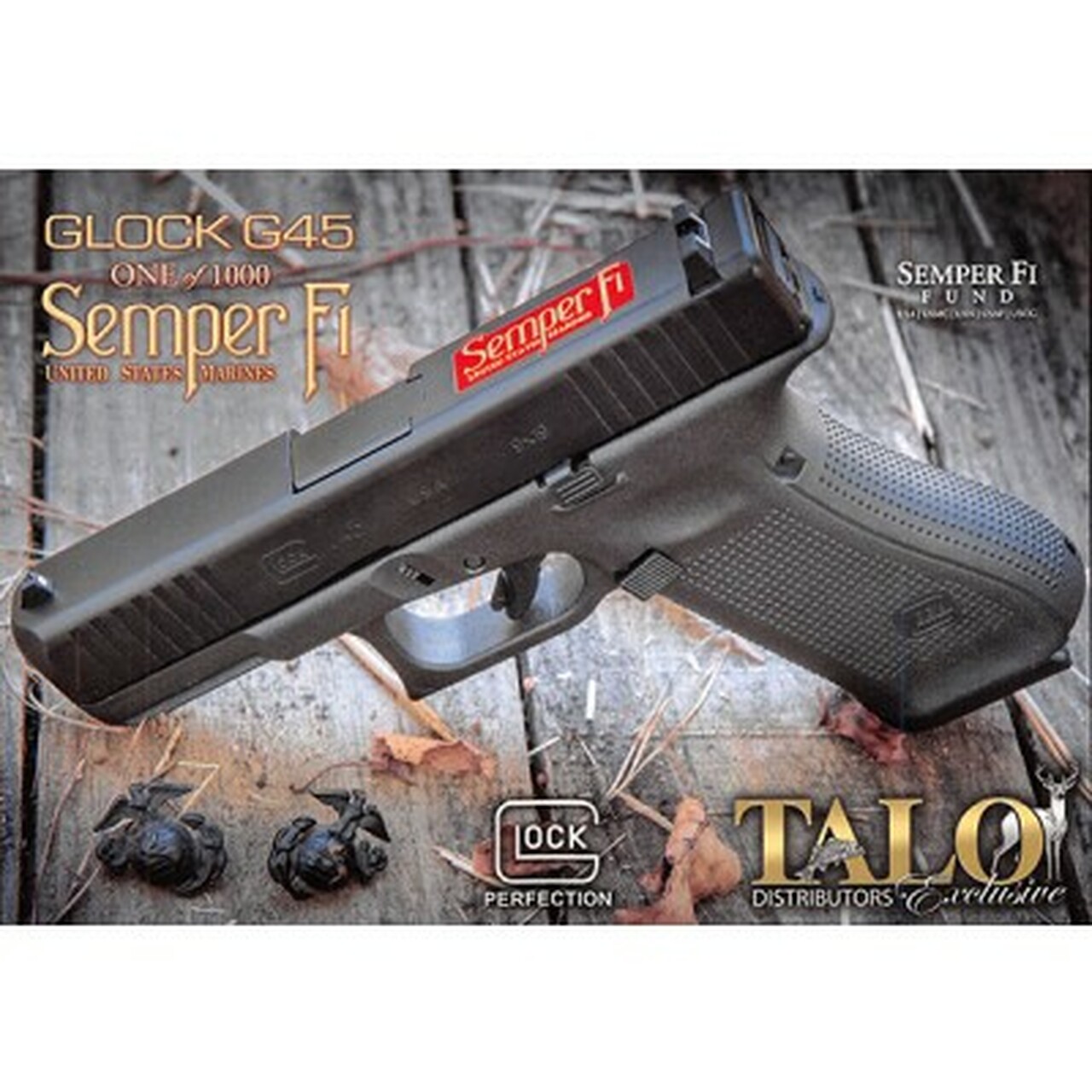 Glock G45 Semper Fi Limited Edition Gen 5 MOS, 9mm, 4″ Jewelled Barrel, 10rd, Specially Polished Bright Blue w/ 24kt Gold Script, TALO