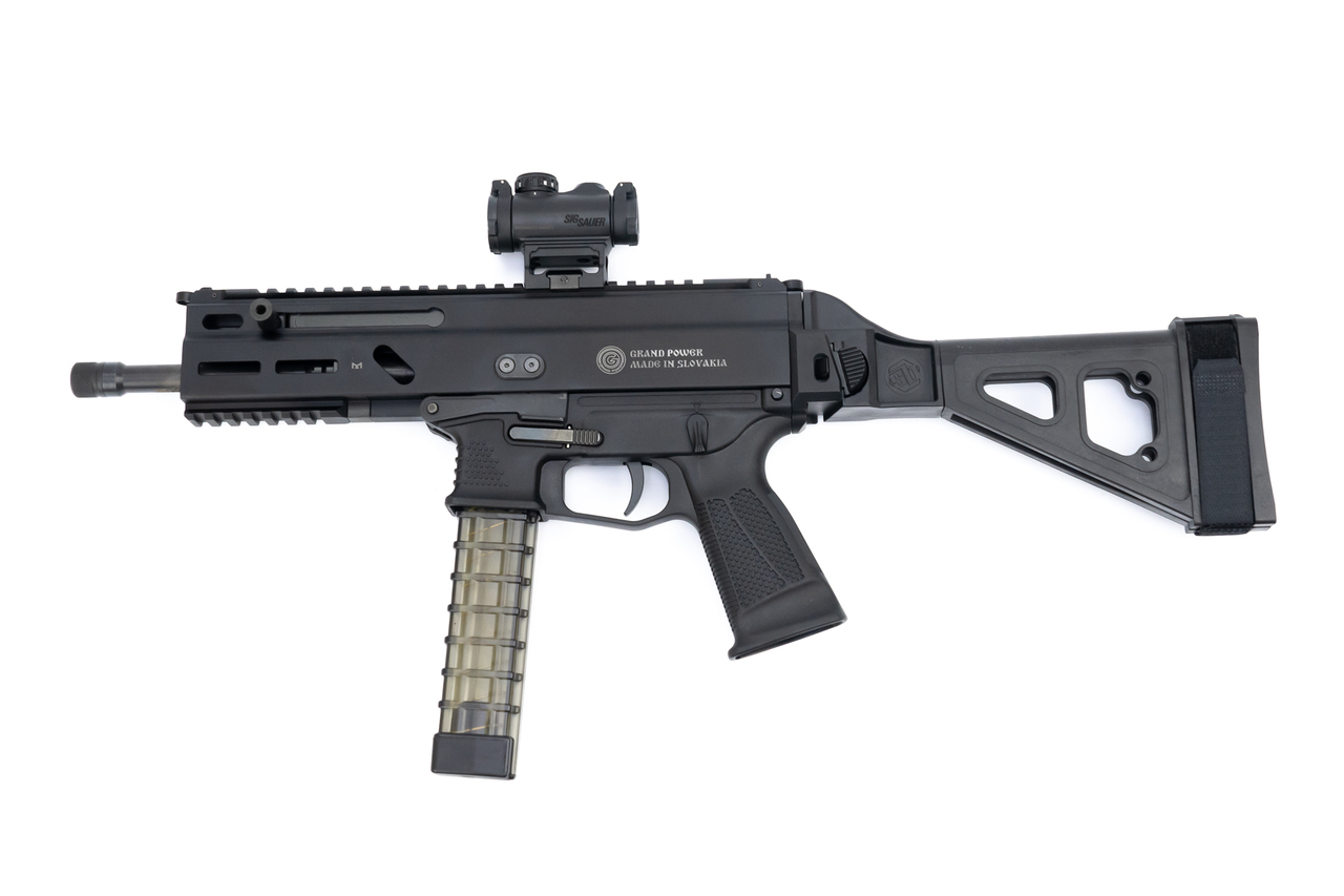 Grand Power Stribog Peace Keeper Package, SP9A1 Gen2, 9mm, 8″ Barrel, Sig Romeo-MSR, Folding SB Tactical Brace, Black, 6 x 30rd Magazines, US Peace Keeper SMG/SBR Case