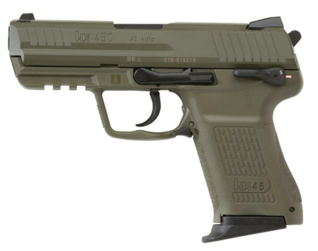 Heckler & Koch HK45 Compact Green Finish Frame and Slide (V1) DA/SA safety/decocking lever on left with two 8rd mags