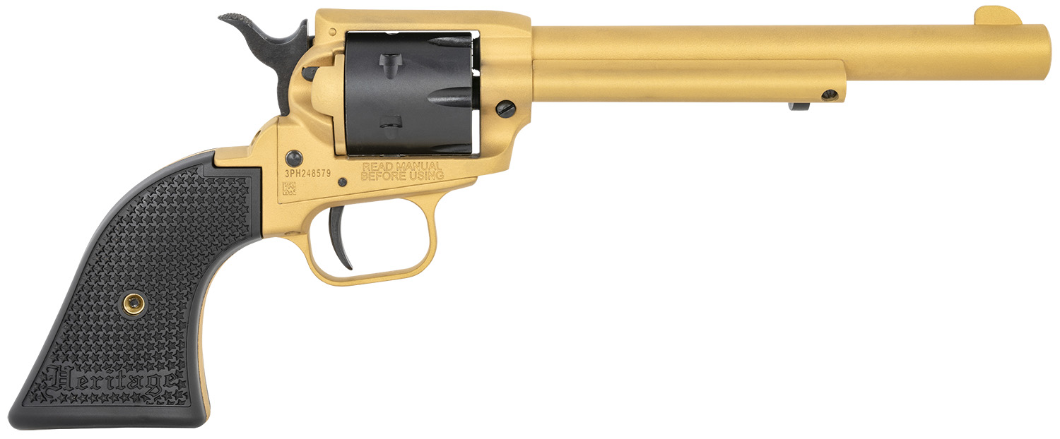 Heritage Mfg RR22S6 Rough Rider  22 LR 6 6.50″, Gold Cerakote Barrel, Black Satin Cylinder, Gold Cerakote Steel Frame, Black Polymer Grips Features Black Accents