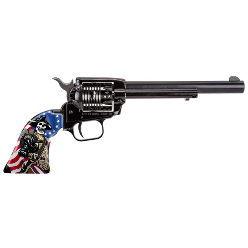 Heritage Rough Rider 22 LR, 6.5″ Barrel, Custom Red/White/Blue Skeleton Grips, Engraved Cylinder, 6rd