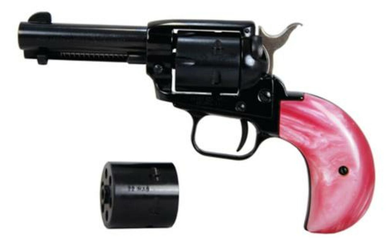 Heritage Rough Rider, Single Action, 22 LR/22 WMR, 3.5″ Barrel, Alloy Frame, Black, Pink Pearl Bird’s Head Grip, 6Rd