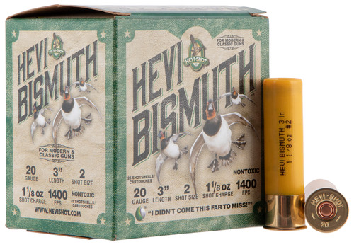HEVI-Shot 20 Ga, 3″, Max Dram, 1 1/8 oz, Bismuth, 2 Shot, 25Bx/10Cs